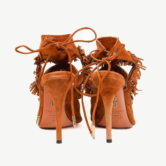 Aquazurra Brown Suede Sexy Fringe Heeled Sandals - Picture 3 of 9